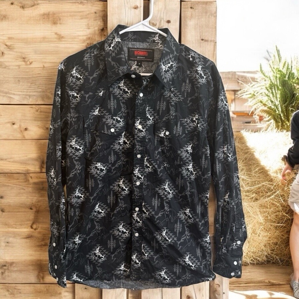 Aztec Bull Stretch Shirt - ROCK & ROLL DENIM‎ Shirt Sz Med. Cowboy Western Rodeo